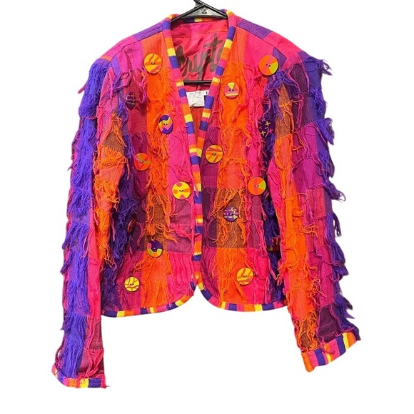 Crystal‎ Handwoven Jacket XS Pink Orange Purple Fringe Buttons Blazer Vintage